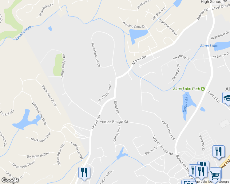 map of restaurants, bars, coffee shops, grocery stores, and more near 4834 Moore Road in Suwanee