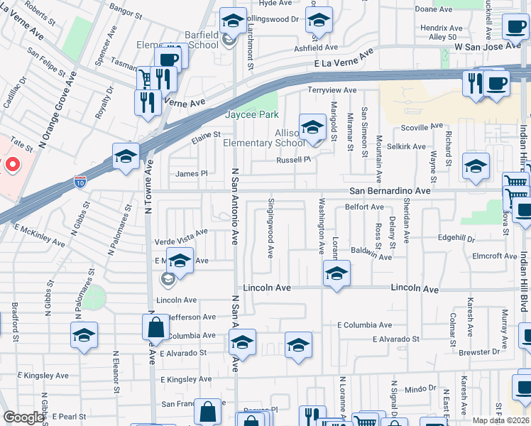 map of restaurants, bars, coffee shops, grocery stores, and more near 870 Somerset Avenue in Pomona