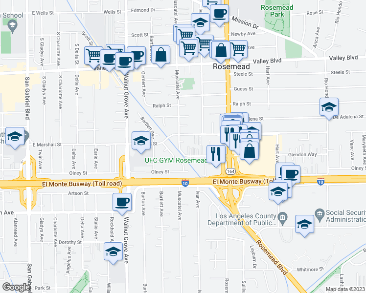 map of restaurants, bars, coffee shops, grocery stores, and more near 8809 Glendon Way in Rosemead
