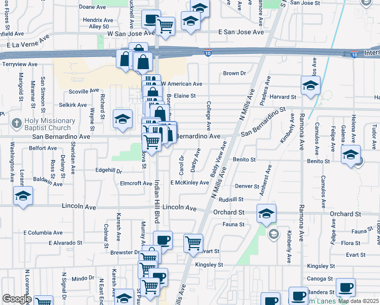 map of restaurants, bars, coffee shops, grocery stores, and more near 1724 Fellows Place in Pomona
