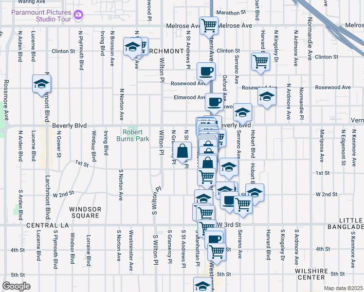 map of restaurants, bars, coffee shops, grocery stores, and more near 139a North Gramercy Place in Los Angeles
