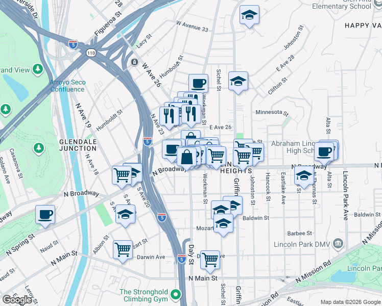map of restaurants, bars, coffee shops, grocery stores, and more near 2436 1/2 Daly Street in Los Angeles