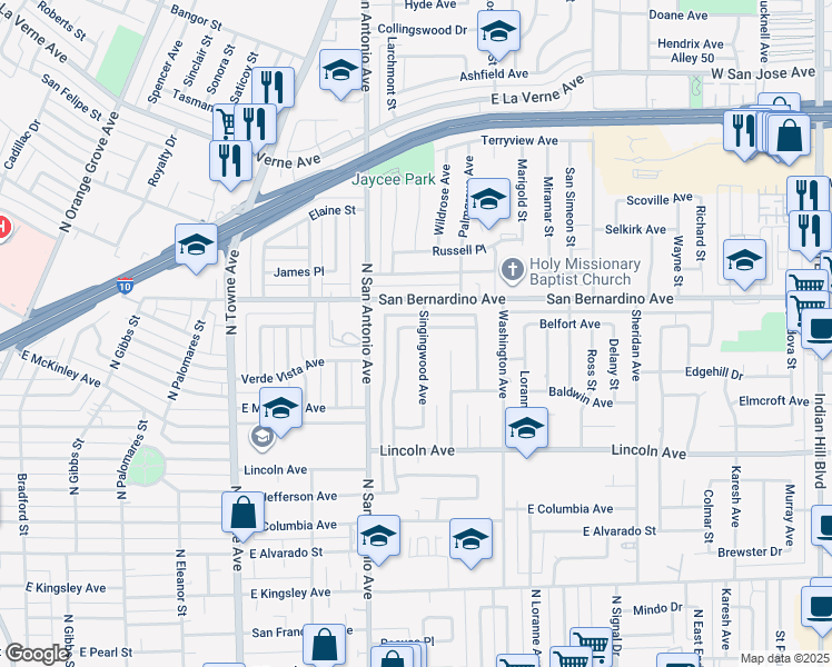 map of restaurants, bars, coffee shops, grocery stores, and more near 870 Somerset Avenue in Pomona