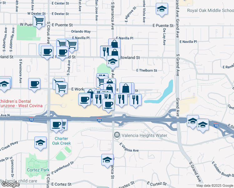 map of restaurants, bars, coffee shops, grocery stores, and more near 779 Briargate Lane in Covina
