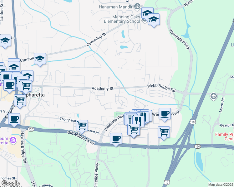 map of restaurants, bars, coffee shops, grocery stores, and more near 1175 Jamestowne Trail in Alpharetta