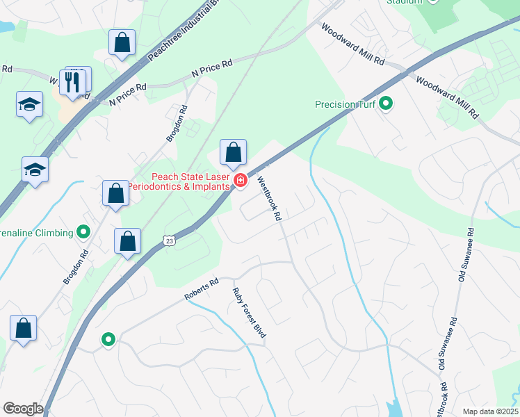 map of restaurants, bars, coffee shops, grocery stores, and more near 102 Rosshandler Road in Suwanee