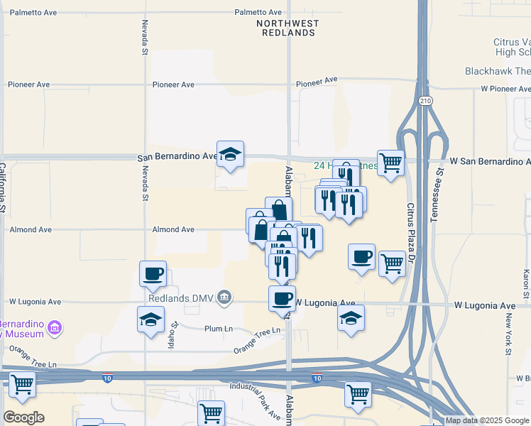 map of restaurants, bars, coffee shops, grocery stores, and more near 9712 Alabama Street in Redlands