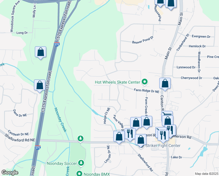 map of restaurants, bars, coffee shops, grocery stores, and more near 5140 Farm Pl Dr NE in Woodstock