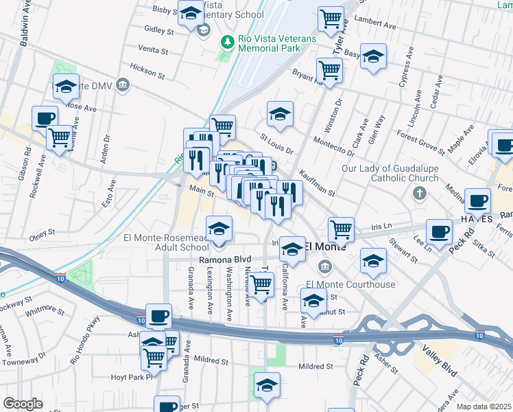 map of restaurants, bars, coffee shops, grocery stores, and more near in El Monte