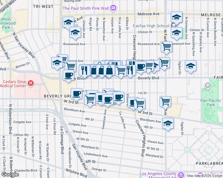 map of restaurants, bars, coffee shops, grocery stores, and more near 111 North Harper Avenue in Los Angeles