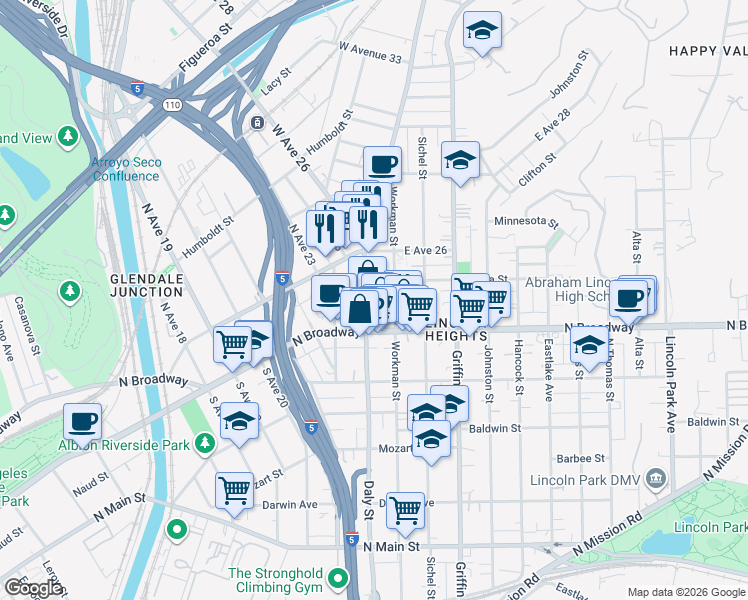 map of restaurants, bars, coffee shops, grocery stores, and more near 2432 Daly Street in Los Angeles