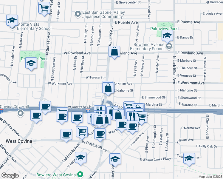 map of restaurants, bars, coffee shops, grocery stores, and more near 223 North Maplewood Avenue in West Covina