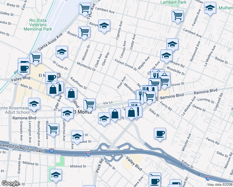 map of restaurants, bars, coffee shops, grocery stores, and more near 3713 Pine Avenue in El Monte
