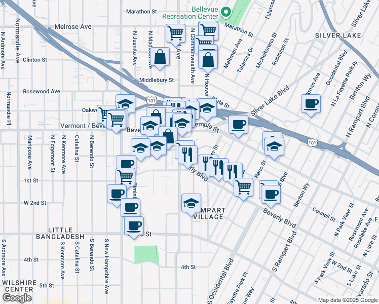map of restaurants, bars, coffee shops, grocery stores, and more near 221 CommonwealthPlace in Los Angeles
