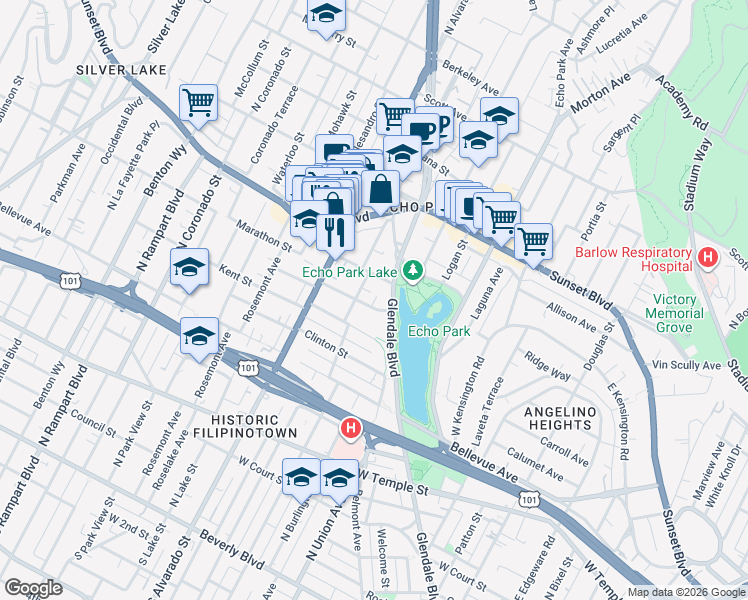 map of restaurants, bars, coffee shops, grocery stores, and more near 1827 Santa Ynez Street in Los Angeles