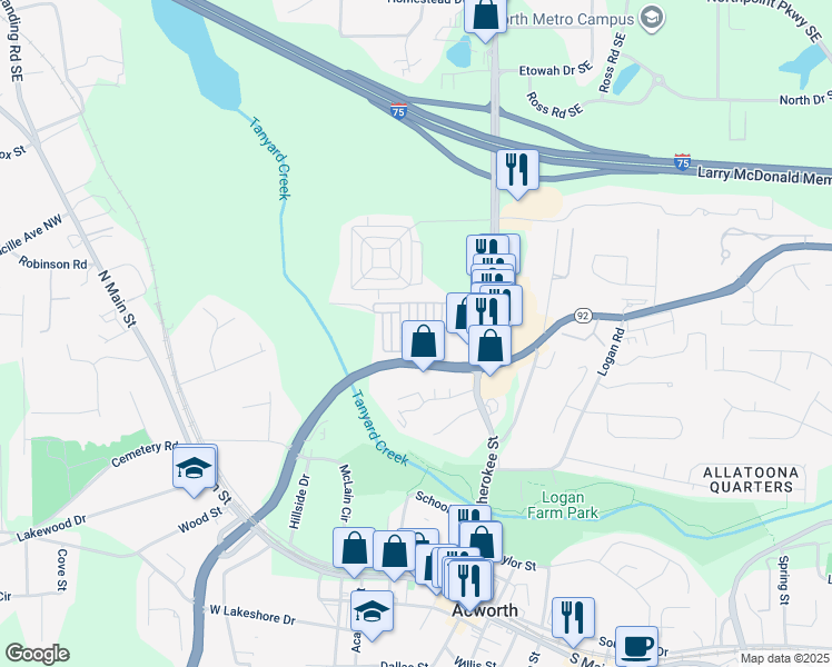 map of restaurants, bars, coffee shops, grocery stores, and more near 5105 Deepwater Cove in Acworth
