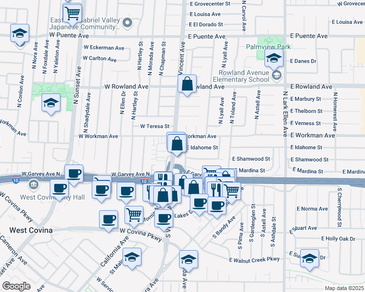 map of restaurants, bars, coffee shops, grocery stores, and more near 223 North Maplewood Avenue in West Covina