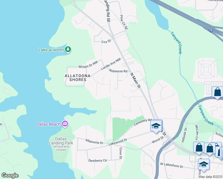 map of restaurants, bars, coffee shops, grocery stores, and more near 4957 Hampstead Lane in Acworth