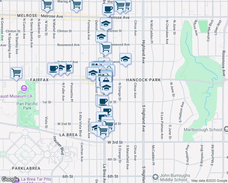 map of restaurants, bars, coffee shops, grocery stores, and more near 142 1/2 North Sycamore Avenue in Los Angeles