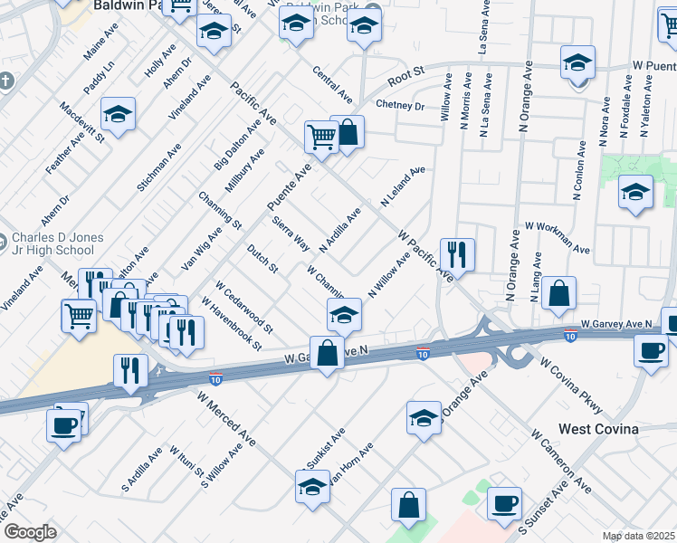 map of restaurants, bars, coffee shops, grocery stores, and more near 213 North Leland Avenue in West Covina
