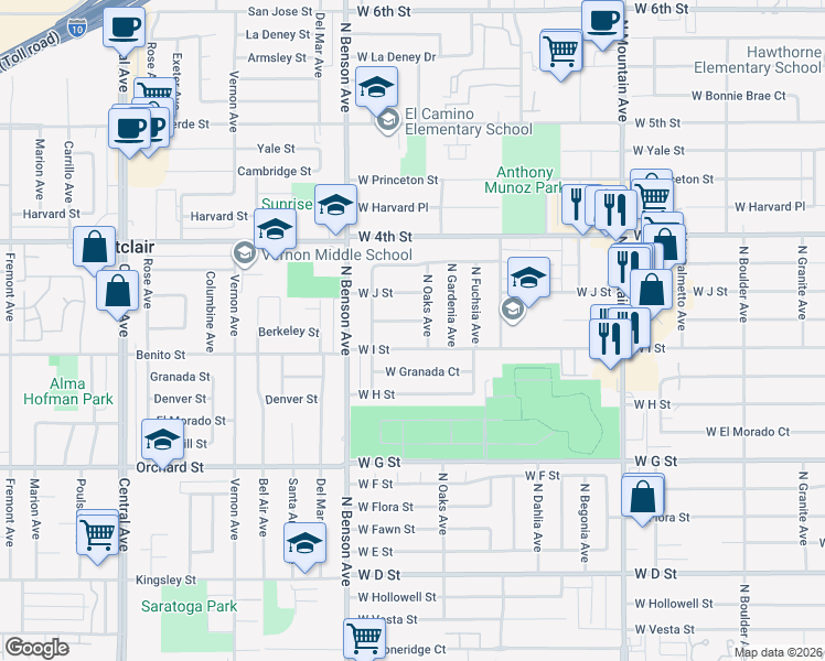 map of restaurants, bars, coffee shops, grocery stores, and more near 1435 West Berkeley Court in Ontario