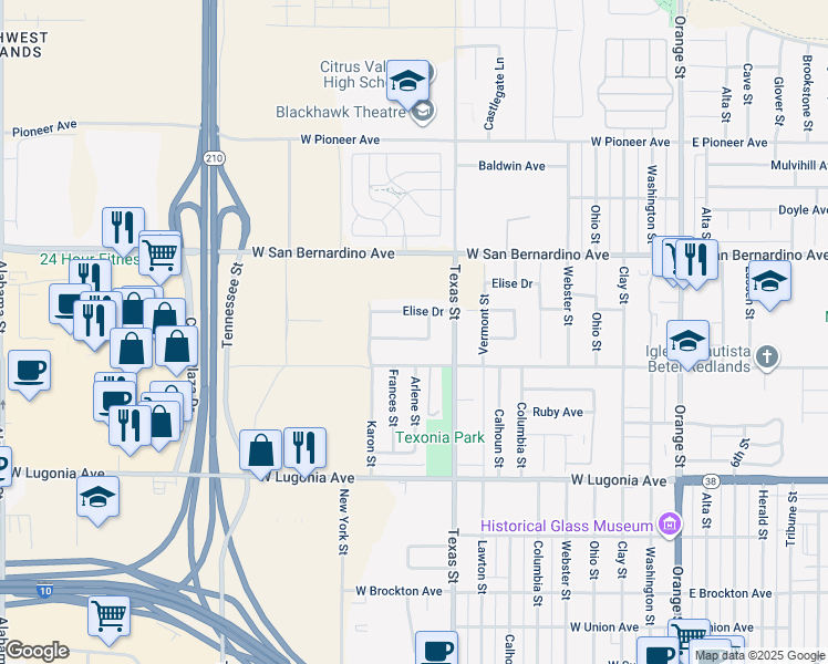 map of restaurants, bars, coffee shops, grocery stores, and more near 824 Ashley Way in Redlands