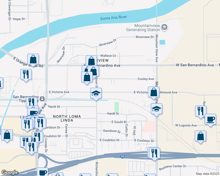 map of restaurants, bars, coffee shops, grocery stores, and more near 1705 Cooley Avenue in San Bernardino