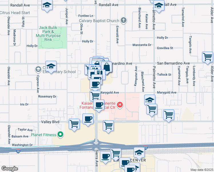 map of restaurants, bars, coffee shops, grocery stores, and more near 16970 Marygold Avenue in Fontana