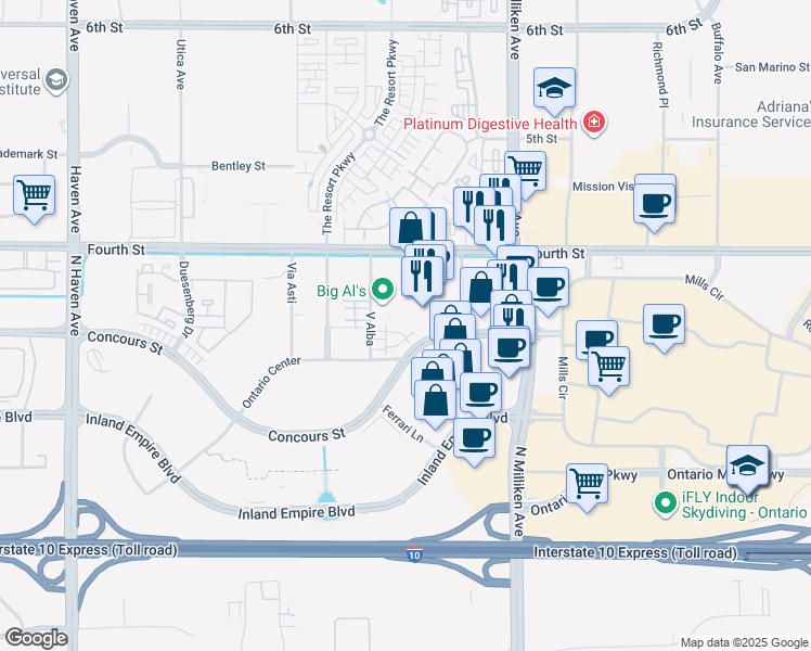 map of restaurants, bars, coffee shops, grocery stores, and more near 4120 East 4th Street in Ontario