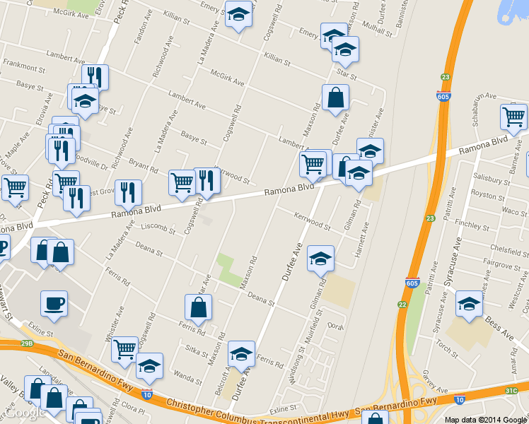 map of restaurants, bars, coffee shops, grocery stores, and more near 12136 Ramona Boulevard in El Monte