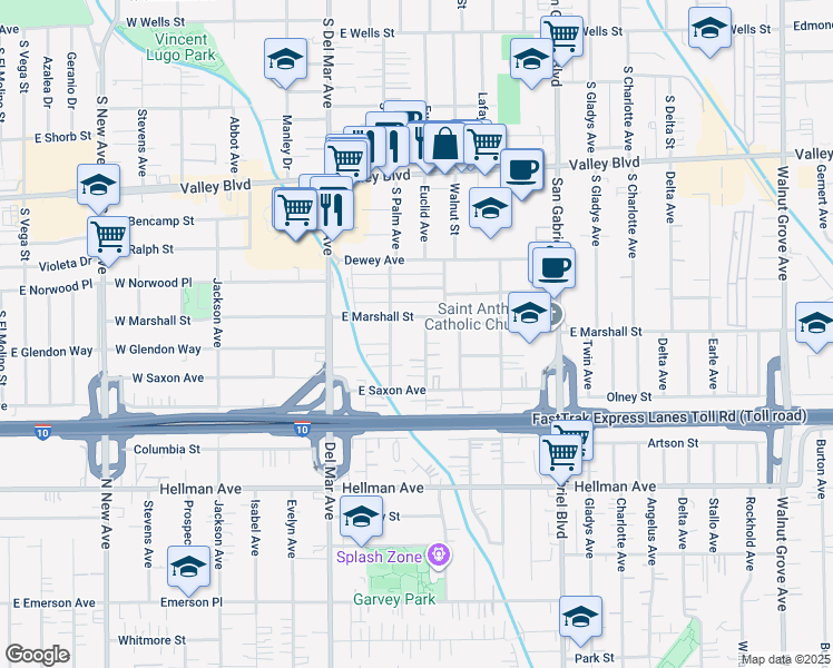 map of restaurants, bars, coffee shops, grocery stores, and more near 333 East Marshall Street in San Gabriel
