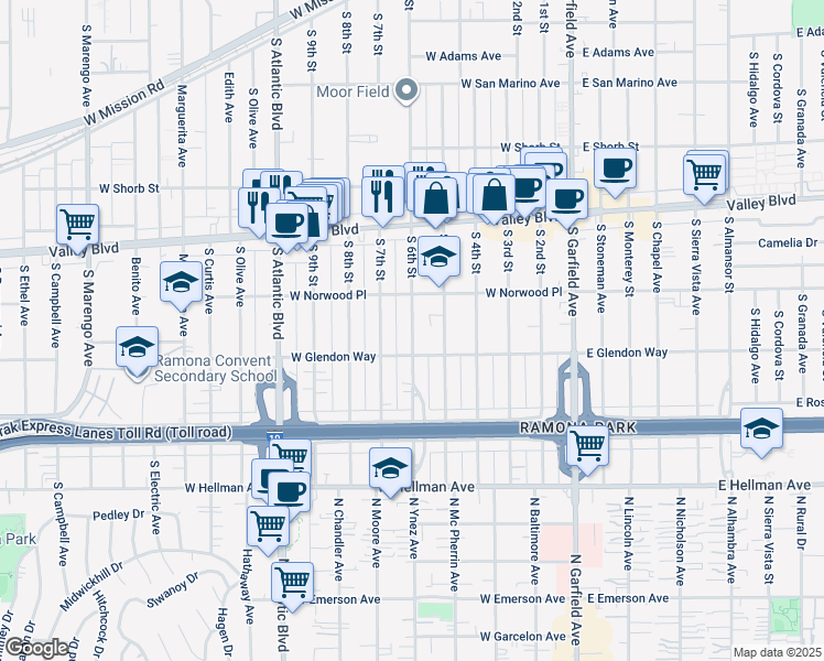 map of restaurants, bars, coffee shops, grocery stores, and more near 1609 South 6th Street in Alhambra