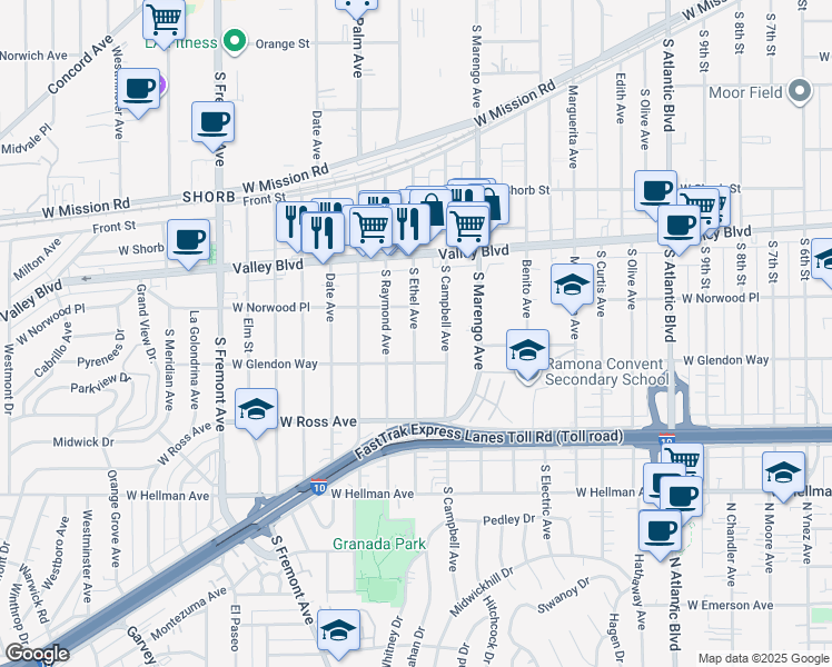 map of restaurants, bars, coffee shops, grocery stores, and more near 1515 South Ethel Avenue in Alhambra