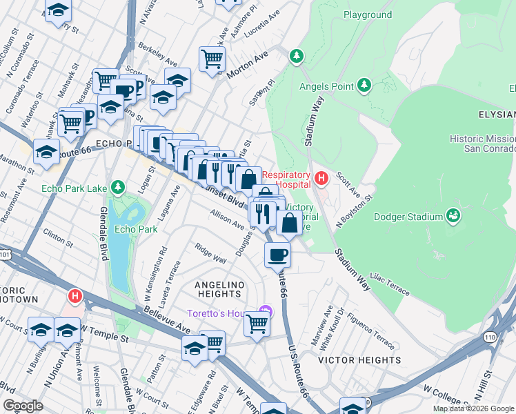 map of restaurants, bars, coffee shops, grocery stores, and more near 1325 Quintero Street in Los Angeles