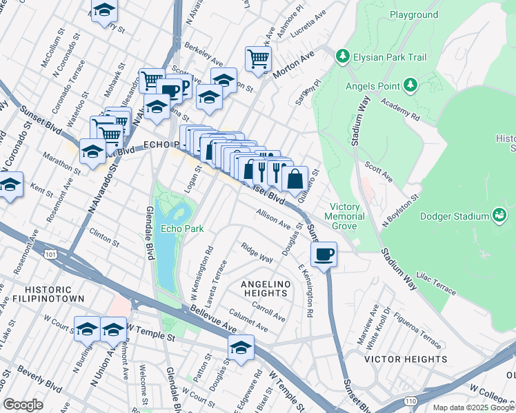 map of restaurants, bars, coffee shops, grocery stores, and more near 1498 Sunset Boulevard in Los Angeles