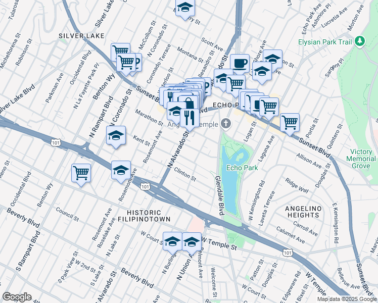 map of restaurants, bars, coffee shops, grocery stores, and more near 908 North Alvarado Street in Los Angeles