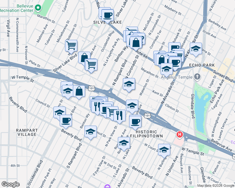 map of restaurants, bars, coffee shops, grocery stores, and more near 607 North Coronado Street in Los Angeles