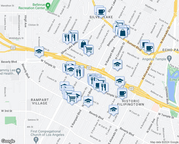 map of restaurants, bars, coffee shops, grocery stores, and more near 2800 London Street in Los Angeles