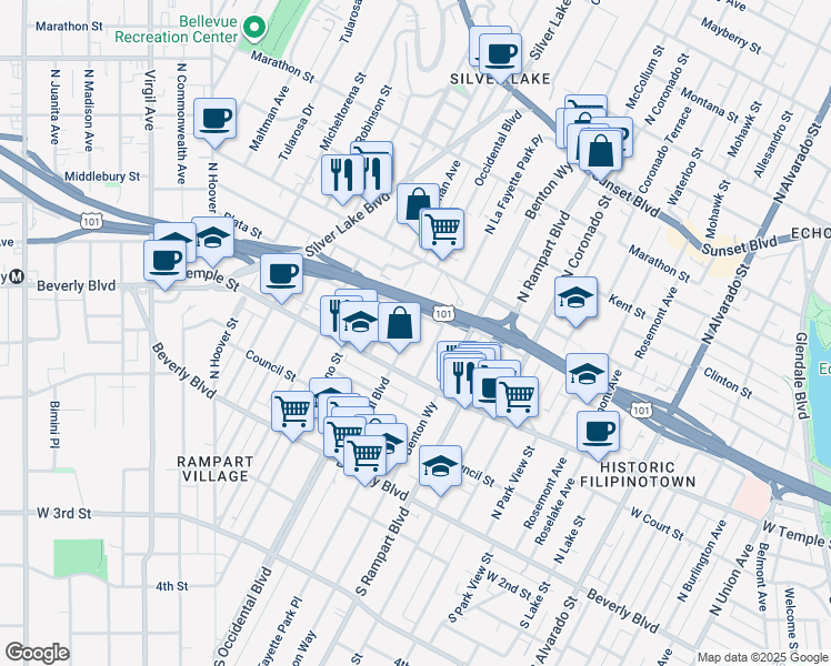 map of restaurants, bars, coffee shops, grocery stores, and more near 363 North Occidental Boulevard in Los Angeles