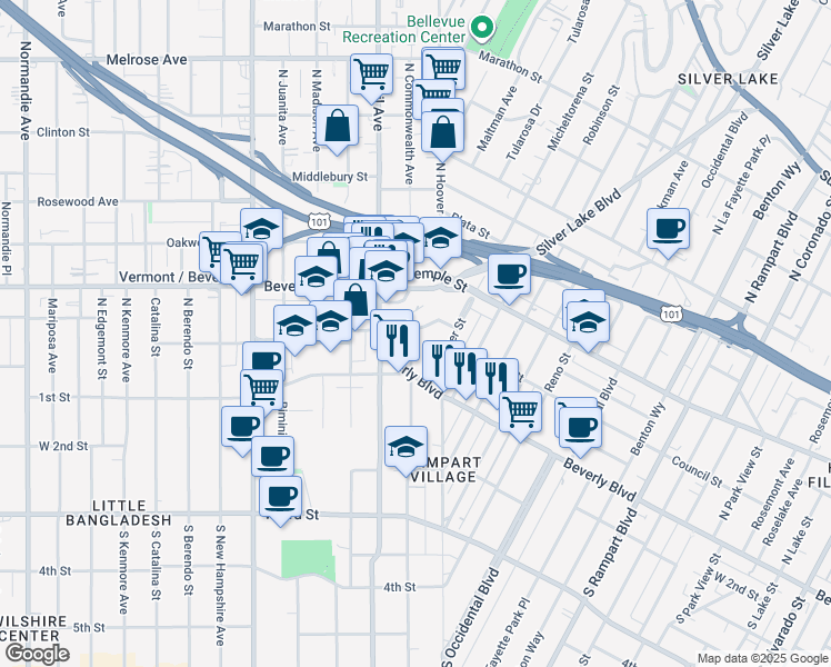 map of restaurants, bars, coffee shops, grocery stores, and more near 221 CommonwealthPlace in Los Angeles