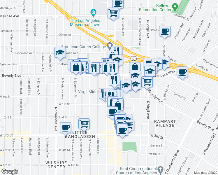 map of restaurants, bars, coffee shops, grocery stores, and more near 235/7 North New Hampshire Avenue in Los Angeles