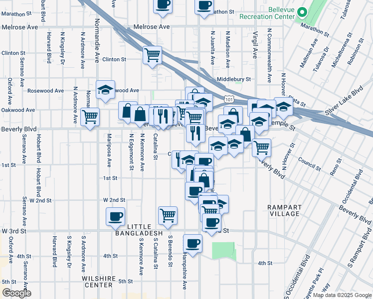 map of restaurants, bars, coffee shops, grocery stores, and more near 235/7 North New Hampshire Avenue in Los Angeles