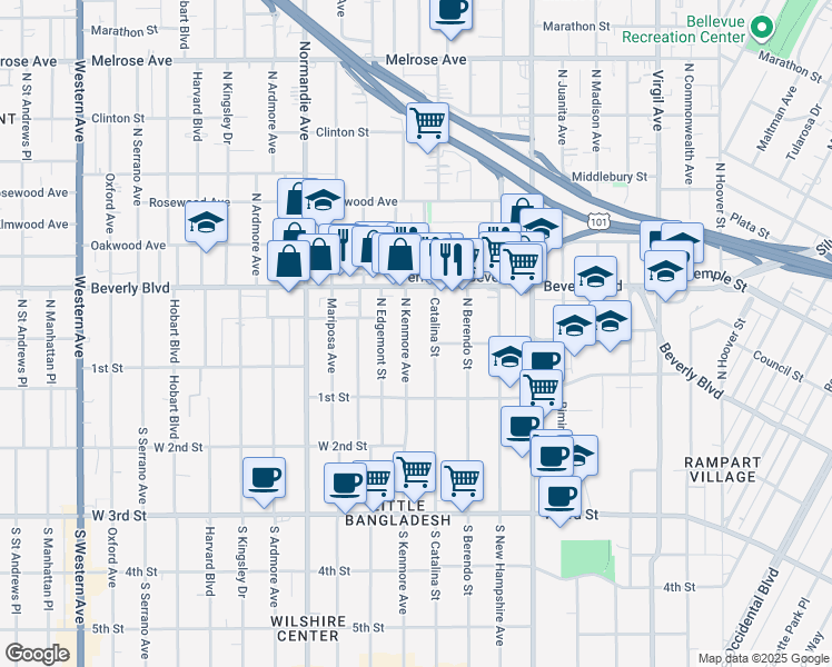map of restaurants, bars, coffee shops, grocery stores, and more near 237 North Catalina Street in Los Angeles