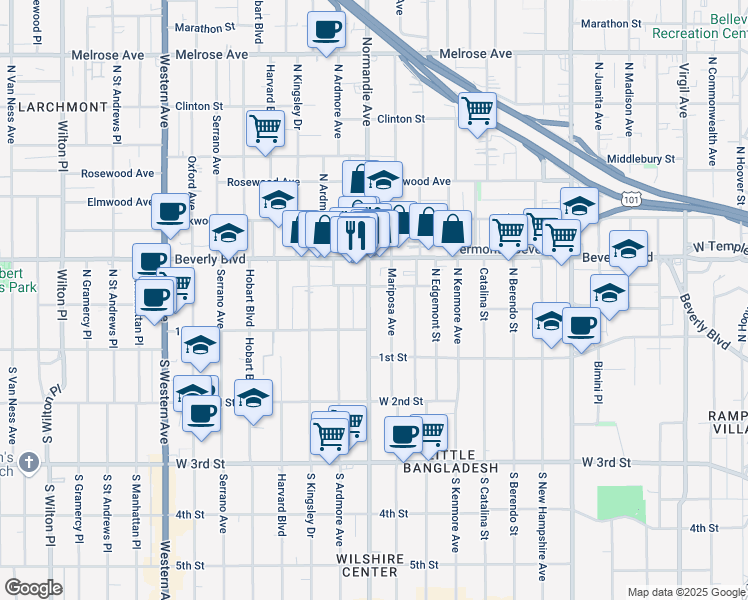 map of restaurants, bars, coffee shops, grocery stores, and more near 201 North Normandie Avenue in Los Angeles