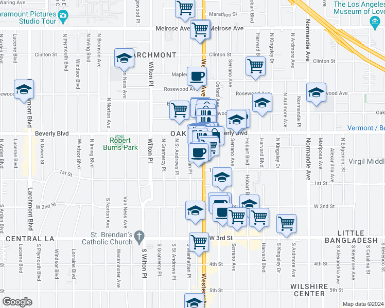 map of restaurants, bars, coffee shops, grocery stores, and more near 233 North Western Avenue in Los Angeles
