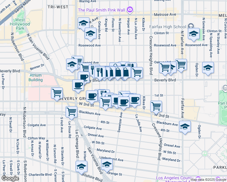 map of restaurants, bars, coffee shops, grocery stores, and more near 136 North Flores Street in Los Angeles