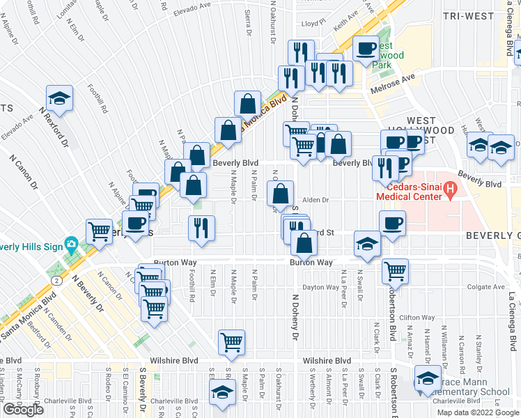 map of restaurants, bars, coffee shops, grocery stores, and more near 9183 Alden Drive in Beverly Hills