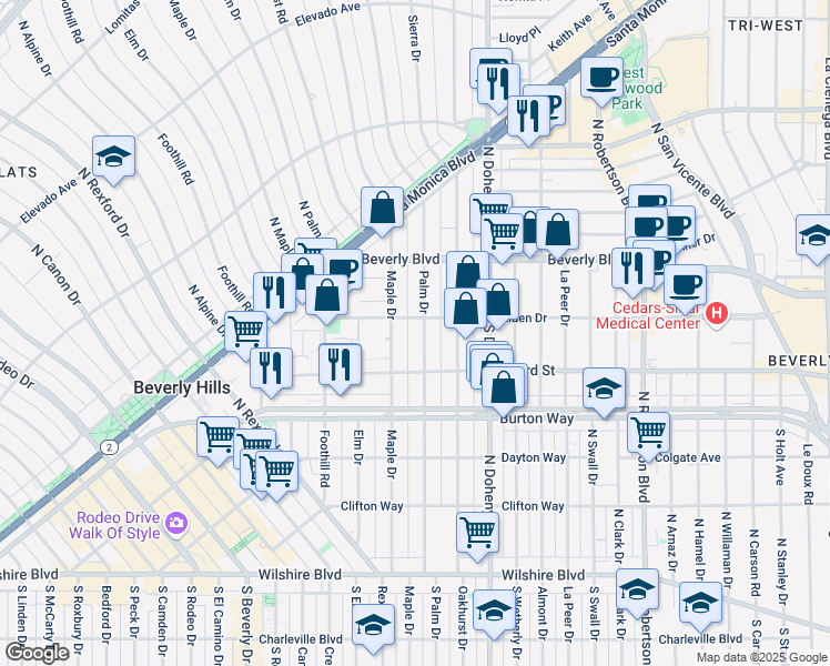 map of restaurants, bars, coffee shops, grocery stores, and more near 9183 Alden Drive in Beverly Hills