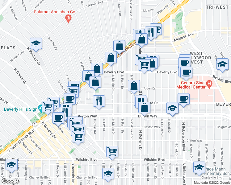 map of restaurants, bars, coffee shops, grocery stores, and more near 9231 Alden Drive in Beverly Hills