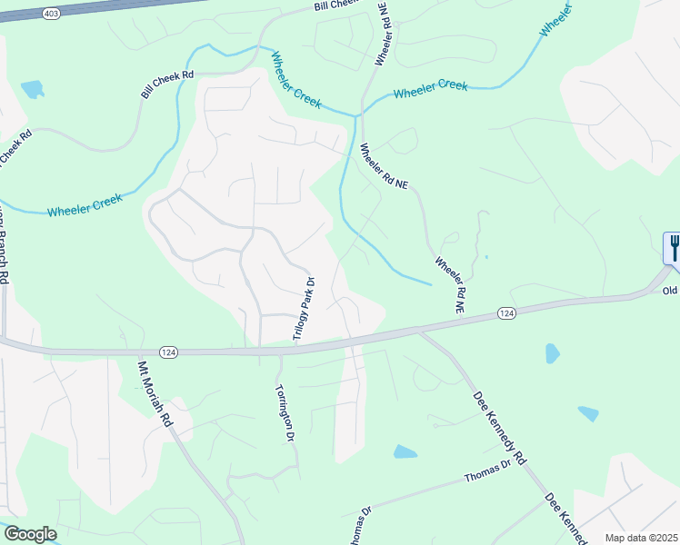 map of restaurants, bars, coffee shops, grocery stores, and more near 1351 Ashbury Park Drive Northeast in Hoschton